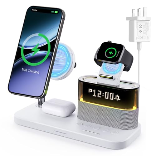 3 In 1 Wireless Charging Station with Alarm Clock,Qi2 Wireless Charger for iPhone17 16 15 14 13 Pro Max AirPods Apple Watch,Docking Station With Light For Bedside,Tech Gadgets Gifts for Men