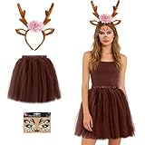 Lotiaan 3 Pièces Deguisement Renne Femme, Costume de Cerf pour Femme, Serre Tête en Bois de Cerf avec Fleurs, Jupe Tutu marron et Tatouages Temporaires Visage Renne, Costume pour Carnaval, Noël