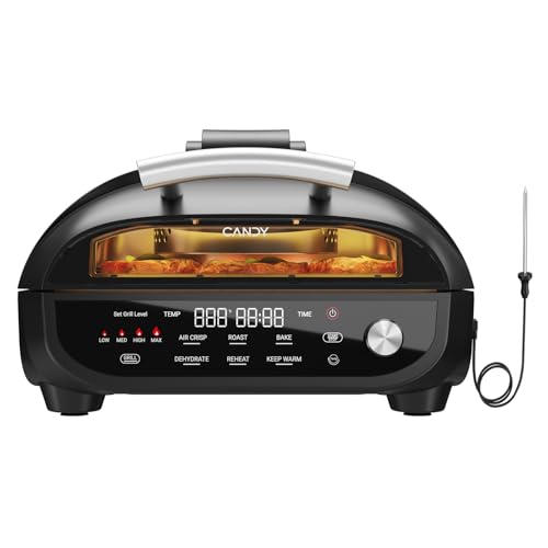 Candy Indoor Grill & Air Fryer with Ceramic Accessories, 500°F Max, 7-IN-1 Digital Display, 5.2 QT Electric Low Smoke with View Window, Smart Thermometer, Crisp, Roast & Dehydrate, Easy Clea