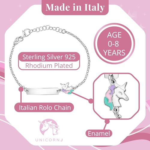 Image of UNICORNJ Sterling Silver 925 Engravable ID Bracelet Rolo Chain for Girls Heart with Pink Enamel 6.5 inch