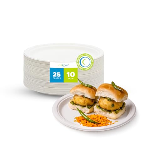 Image of EATONS 10 inch, 25 Pack Disposable Bagasse Plates | Eco-Friendly, Disposable Plates Big Size | Dinner Paper Plates | Birthday, Wedding & Party | Round, White
