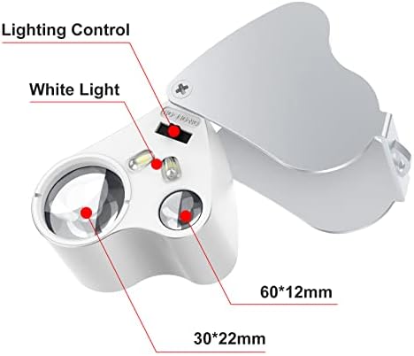 KIMILAR Magnifying Glass with Light, 30X 60X Jewellers Loupe, Portable Pocket Jewelers Loupe Magnifier for Gems Jewelry Rocks Stamps Coins Watches Hobbies Antiques Models Photos