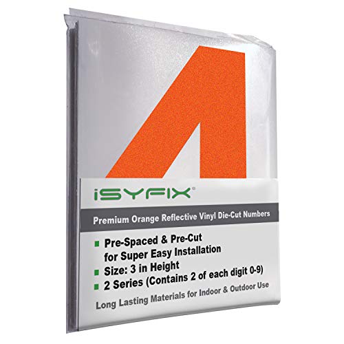 iSYFIX Reflective Orange Vinyl Numbers Stickers – 3 Inch Self Adhesive (2 Sets)- Premium Decal Die Cut and Pre-Spaced for Mailbox, Signs, Window, Door, Cars, Address Numbers, Indoor or Outdoor by iSYFIX - Used condition - US$10.29