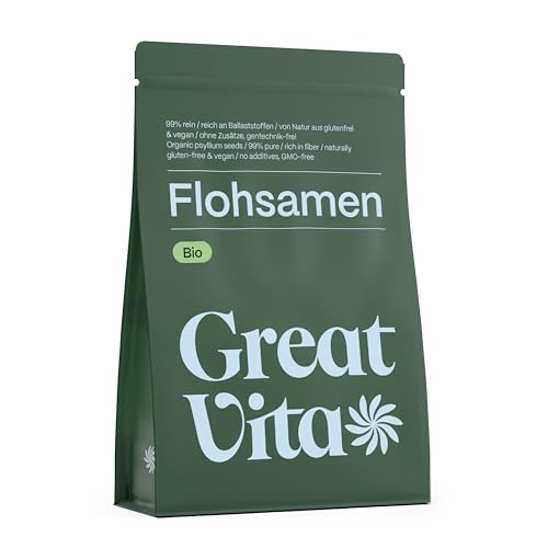 GreatVita Bio Flohsamen 1000g | 99% reine ganze Flohsamen - zertifizierte Bio-Qualität aus Indien | reich an Ballaststoffen & glutenfrei, vegan - ideal für eine gesunde Ernährung