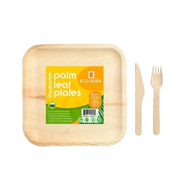 Square Compostable Natural Palm Leaf Plates + Fork and Knife - Biodegradable, Disposable, Like Bamboo Plates - Eco Friendly Plates, Perfect for Parties, Weddings, & Events - 150 Pcs, 10 Inch