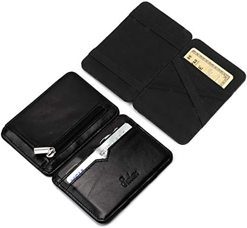 RFID Blocking Magic Flip with Zipper PU Leather Wallet Slim Credit Card Holder Mens Money Clip (Black)