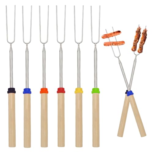 YCHYAN 6 Pezzi Spiedini Telescopici in Acciaio Inox, Spiedini Marshmallow, Forchetta Grill Telescopica per Arrosto, con Manico in Legno, Termoisolante e Antiscottatura, Processo di Saldatura