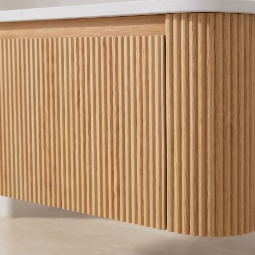 Image of 36 Inch Wall Mounted Bathroom Vanity with Ceramic Sink, Pre-Assembled Floating Vanity Cabinet with Cararra Artificial Countertop, Wave Texture Finish & Drawer, Wood