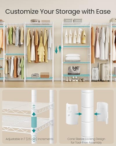 SONGMICS Heavy-Duty Clothes Rack, Extendable Garment Rack, Portable Closet with Adjustable Mesh Shelves and Hanging Rails, Hooks, 15.8 x 69.7-86.6 x 76.4 Inches, White ULGR438WZ01S - 4