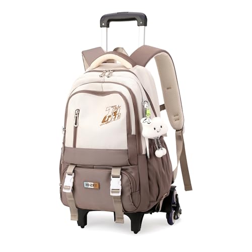 GRUOTEIS Girls Boys Rolling Backpack, Elementary Middle School Kids Bookbag Roller Backpack for Boys Girls with 6 Wheels, Brown
