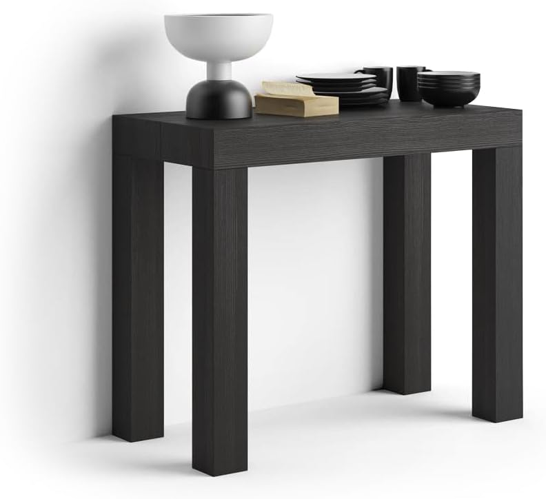 Mobili Fiver, First, Extendable Console Table 17.7(120) x35.4 in, Ashwood Black, for 4-14 People, Space-Saving Dining Table, Italian Furniture