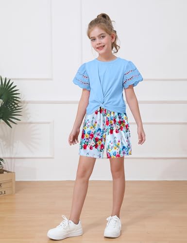 Image of mksodop Girls Clothes 2-Piece Teen Girls clothes Lace Hollow Short-Sleeved Twist T-Shirt And Floral Short Girl Summer Outfits