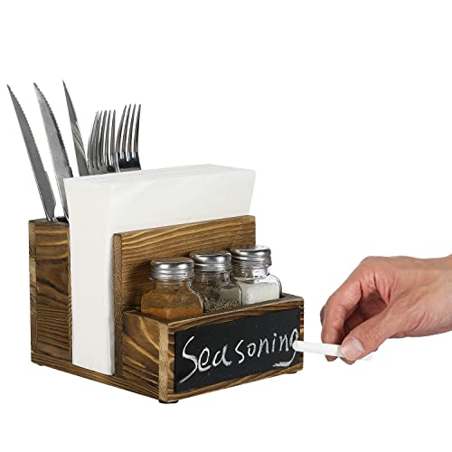 Mygift 4 Piece Set Rustic Brown Solid Wood Napkin And Salt & Pepper Shaker And Flatware Holder Caddy With 4 Compartments, 3 Seasoning Jar Bottles And Chalkboard Label #TOP3