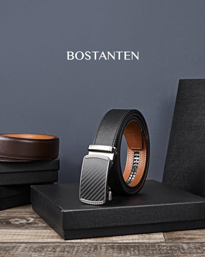 Image of BOSTANTEN Ratchet Belts for Men Leather Trim to Fit 1 3 /8 inch Gift Boxed | Micro-Adjustable Buckle, Tailored Size, Holeless, Versatile for Dress Casual, Effortless Style