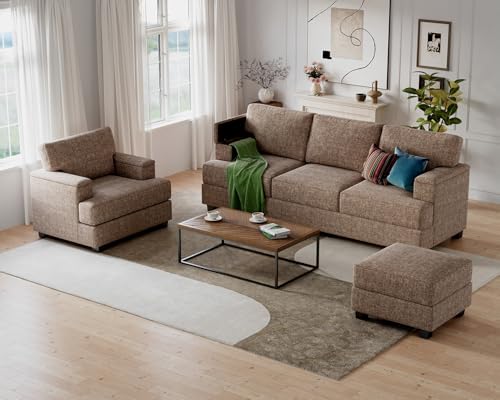 85'' L Shaped Couch with Armrest Organizer,Comfy 3 Seats Sofa with Thick Cushion,Chenille Sectional Couches for Living Room,Bedroom,Apartment,Sofa Set with Oversized Chair,Home Furniture,Brown