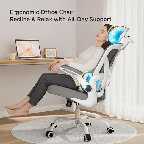 PKPT Ergonomic Office Chair, 330LBS Desk Chair with 3-Level Lumbar Support & Headrest, Breathable Mesh Backrest, Flip-Up Armrests for Home Office and Gaming, White - Image 8