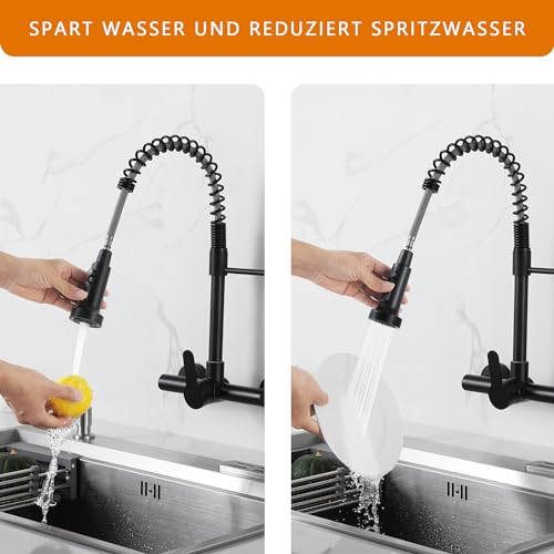 LIWEIKE Küchenarmatur Wandmontage, 360° Drehung Wasserhahn Schwarz Küche mit 2 Strahlarten Wasserhahn Wandmontage
