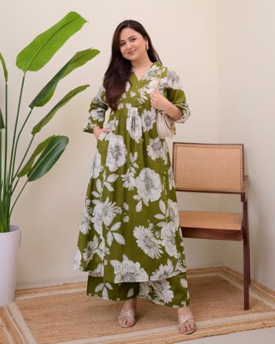 Image of Women Dark Green /Ligth Green /Chiku Viscose Rayon Kurti Pant Set