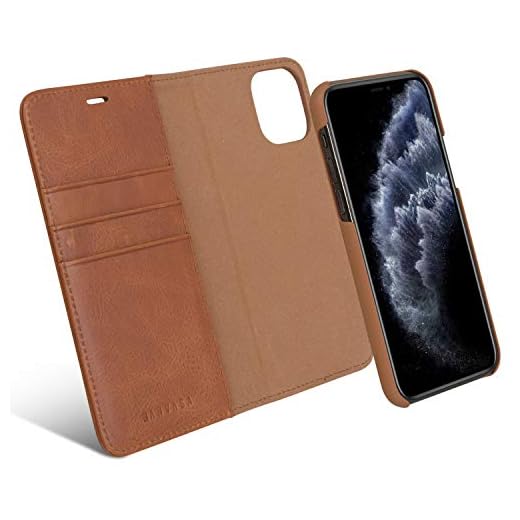 iPhone 11 Pro avtagbart plånboksfodral brunt – Kanvasa premium äkta läder 2 i 1 flip folio bok magnetiskt fodral för originalet iPhone 11 Pro (5,8 tum) – stöder trådlös laddning Qi