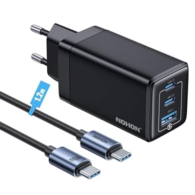 NOHON Cargador USB-C Carga Rapida: 65W GAN 3-Puertos PD3.0 Cargador | Enchufe USB C con 140W Tipo C Cable 1.2M | Compatible con MacBook Pro Air Airpods iPad iPhone 14 13 12 11 Samsung Galaxy S