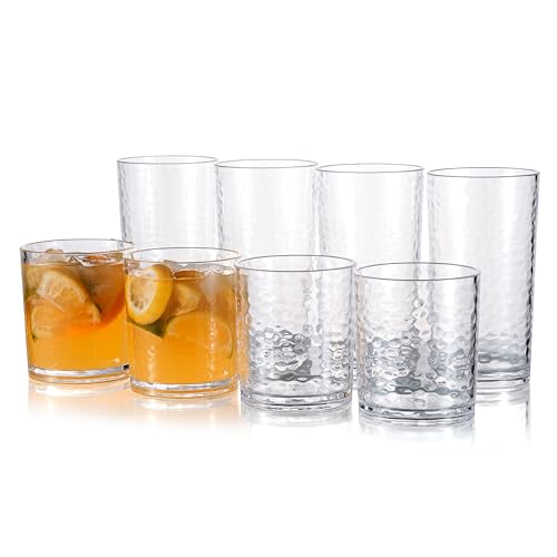 KX-WARE 14-ounce and 20-ounce Acrylic Glasses Plastic Tumbler, set of 8 Clear - Hammered Style, Dishwasher Safe, BPA Free