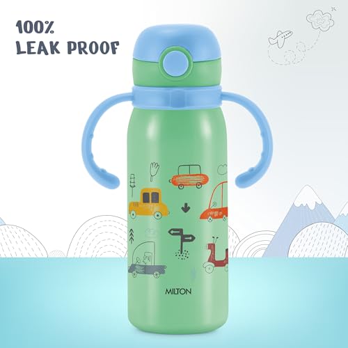 Image of MILTON Fountain 650 ISI Certified Stainless Steel Water Bottle, Leak Proof, Rust Proof, Single walled,1 Yr Warranty, Ideal Sipper Water Bottle for School Kids Bottle, 625 ml, Aqua Green (Cars)