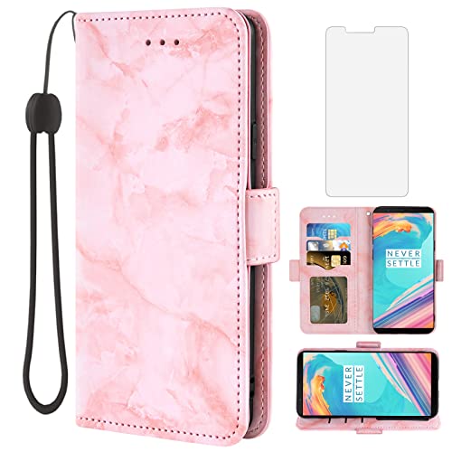 Asuwish - Funda compatible con OnePlus 5T y protector de visualización de vidrio templado, ranura para tarjetas celulares, función atril, tapa de mármol, portafolios para teléfono Oneplus5T A5010 One