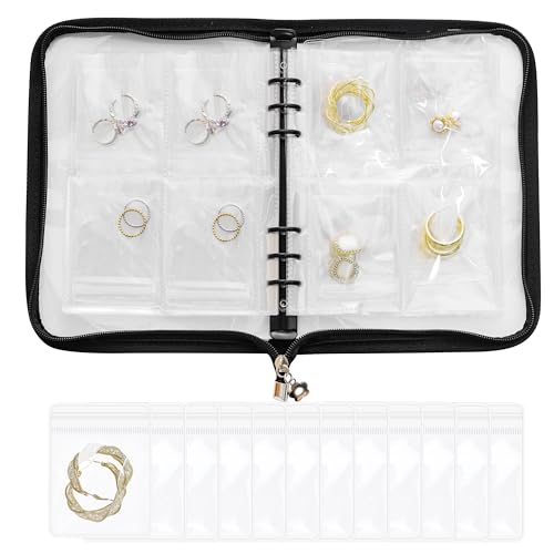 Yymobt Organizador de joyas transparente para viajes, libro de almacenamiento de pendientes, carpeta de joyería con bolsa negra con cremallera, 80 bolsas de joyería para aretes, anillos, pulseras