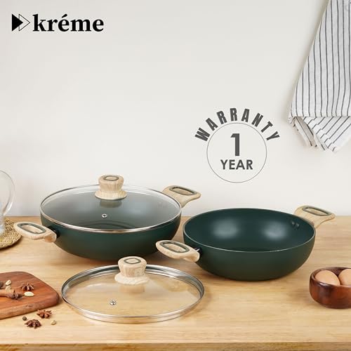 Image of Kreme Venetia Premium Series 4-Piece Granite Kadai Cookware Set with Lid | Non-Stick Aluminium Deep Kadhai | Granite Coating | Induction & Gas Stove Compatible | Healthy Low-Oil Cooking, Green