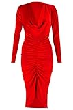 Modernes Design. Mustwearit Damen-Kleid aus Pannesamt, Rundhalsausschnitt, vorne lang, gerafft, mittelllanges Kleid, Größen 34–52 Gr. 38-40, rot