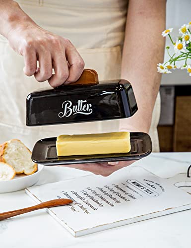 Butter Dish with Lid and Knife Ceramic Butter Holder for Counter Humanized Clamp-able Knife Handle Design, Perfect for East West Coast Butter, Black - Thumbnail 7