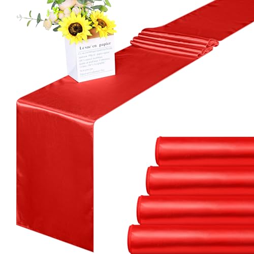 ANECO 4 Pack Satin Table Runner 12 x 108Inch Long Bright Silk and Smooth Fabric Party Table Runner for Wedding Banquet Party Decoration- Red