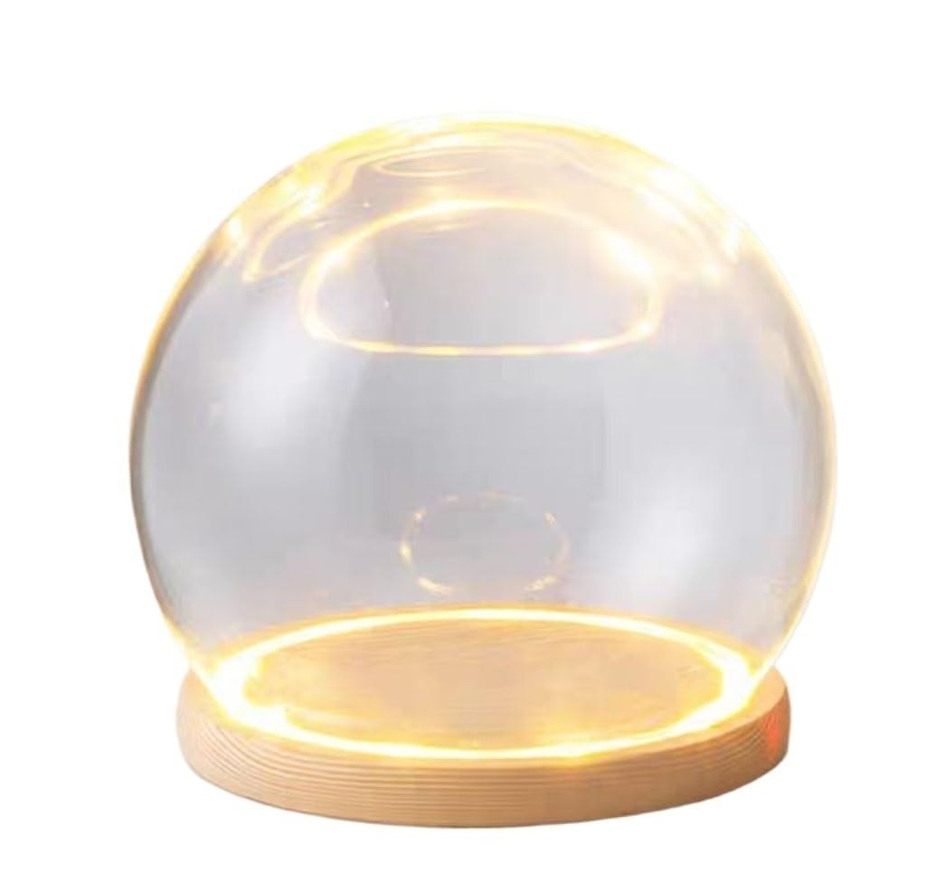 MERRIYARD Glass Dome Cloche Bell Jar,1Sets Clear Tabletop Display Case With Wood Glowing Base Globe Clock(Wood Color,10cm)
