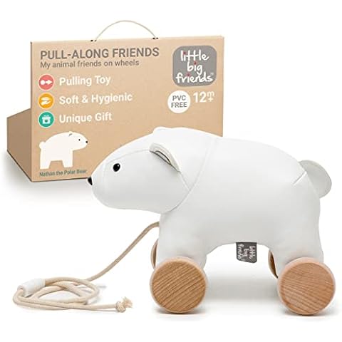Nathan the Polar Bear, Pull Along Animals | Adorable, Retro and Soft with Breakaway Safety Bucklet | Push or Pull Along Walking Toy for Baby Cover