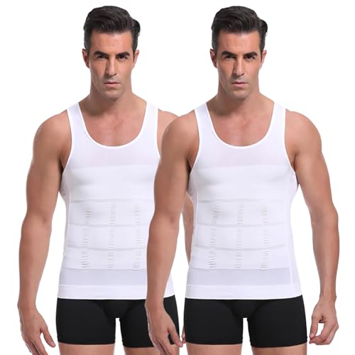 Image of Wearslim Men Compression Shirt For Workout Vest Abs Abdomen Slim Body Shaper Undershirt Slimming Shirt to Hide Gynecomastia Stretchable Tummy Tucker Vest - Pack of 2 - (Black & White)
