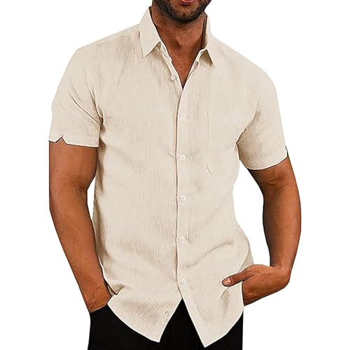 VANVENE Mens Linen Shirts Cotton Short Sleeved Shirts Regular Fit Casual Summer Shirts Lightweight Beach Shirt Khaki Shirts M