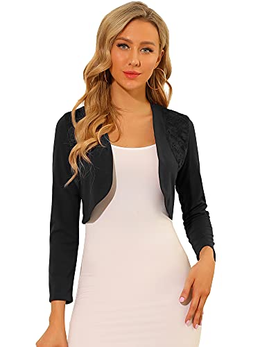 Allegra K Women's Elegant Crop Cardigan Long Sleeve Floral Lace Panel Knit Shrug Tops X-Small Black #TOP25
