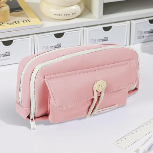 Image of Canvas School Bag Pencil Case, 3 Layer 6 Compartment Large Capacity, Aesthetic Pencil Pouch for Stationary, Cute Stationery for Kids, Pencil Case for Girls & Boys (Our Timer Pink)
