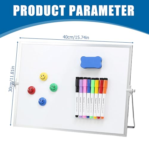 GOEDCH Pizarra blanca magnética: 30 x 40 cm, pequeña pizarra magnética de doble cara con soporte, se puede limpiar con 10 bolígrafos, 4 imanes, esponja, portátil para el hogar, escuela, oficina - imagen 2