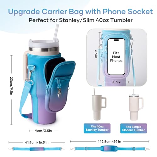 Image of linmaya Water Bottle Carrier Bag with Phone Pocket for Stanley Cup 40 /30oz,Insulated Neoprene Water Bottle Holder Cross-boday Bag with Adjustable Shoulder & Handheld Strap Stanley Cup Accessories