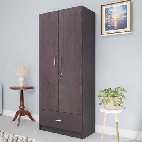 Image of VIKI Wardrobe | Wooden Almirah for 2 Door Wardrobe with 1 Drawer & Hanging Space (Dark Wenge - 40D x 80W x 180.8H) | 1 Year Warranty | Free Assembly