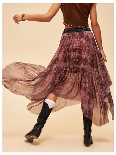 Women's Floral Asymmetrical Midi Skirt Boho Ruffle Mesh Elastic High Waist A Line Flowy Skirt Vintage Pirate Skirt2