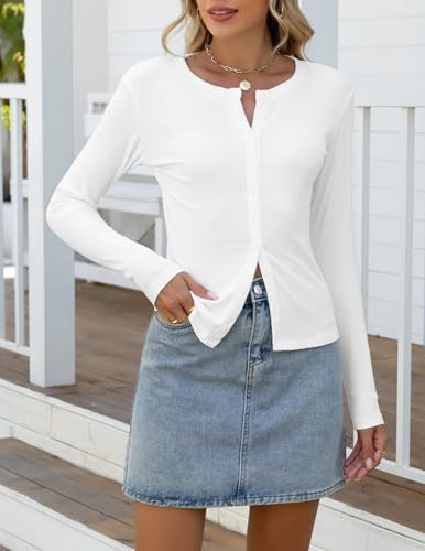 Gleeneat Cropped Button Down Up Cardigan Sweaters for Women Long Sleeve Going Out White Light Weight Crop Cardigans Tops Ribbed Knit Shirts 2026 Cute Trendy Fall Clothing Outfits — view 4
