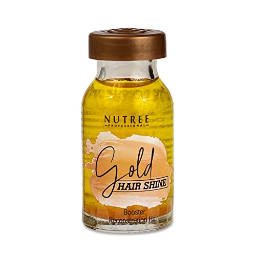 Nutree Professional Gold Hair Shine Ampoule Booster Reconstruction Treatment with Shea Butter and Amino Acids – Deep Conditioning Serum for Smooth Soft and Shiny Hair – 0.33 fl oz