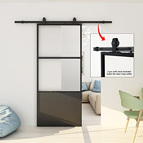 Jubest Glass Sliding Barn Door, 36In X 84In Modern Glass Door, Paneled Frosted Glass Carbon Steel Frame Sliding Closet Kitchen Door With 6Ft Hardware Kit And Soft Close #TOP2