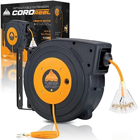 CopperPeak Tools Retractable Extension Cord Reel, 50 FT Heavy Duty Electric Power Cable, 14AWG/3C SJTOW, 3 Grounded Outlets Lighted Triple Tap, 13 Amp Circuit Breaker, UL, Black Orange