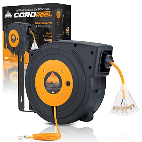 Copperpeak Tools Retractable Extension Cord Reel, 50 Ft Heavy Duty Electric Power Cable, 14Awg/3C Sjtow, 3 Grounded Outlets Lighted Triple Tap, 13 Amp Circuit Breaker, Ul, Black Orange #TOP26
