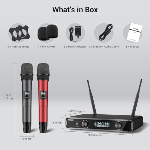 Mikrofony bezprzewodowe, TONOR podwójny ręczny dynamiczny system mikrofonowy do odbiornikiem do karaoke, KTV, wesela, imprezy, kościoła, 2x5 UHF regulowane częstotliwości, 60M Czerwono-szary