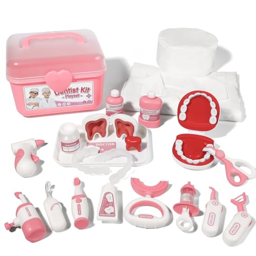 Phobby 24Pcs Doctor Kit for Kids 3-5 Years Old, Pretend Dentist Playset with Medical Costume for Toddler & Denture Toys, Dental Gift for Girl (Pink)