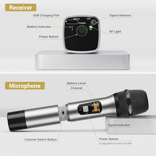TONOR Wireless Microphone, 15 Channel UHF Metal Cordless Handheld Mic System with Rechargeable Receiver, for Karaoke, Singing, Party, Wedding, DJ, Speech, 200ft, TW620 Silver, 1Mic by TONOR - Image 8